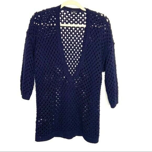 Ann Taylor Crocheted V-Neck Cotton Sweater Navy Women's Large - Picture 2 of 9